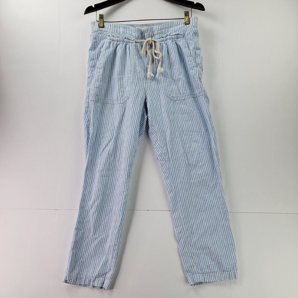 Anthropologie Seashore Pants Womens S Striped Crop Linen Drawstring Blue Pockets